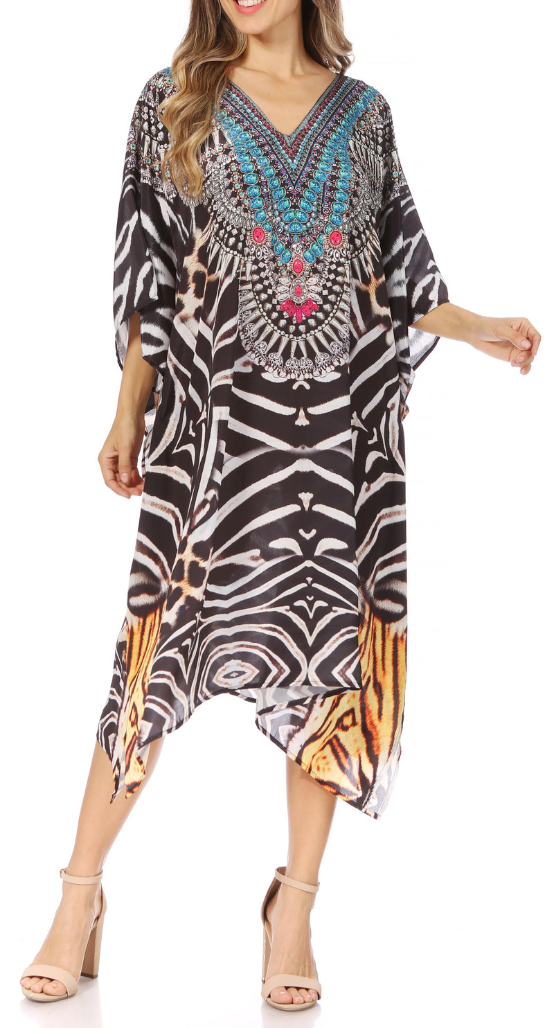 Sakkas Miui Ligthweight Rhinestone V Neck Printed Short Caftan Dress / Cover Up