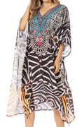 Sakkas Miui Ligthweight Rhinestone V Neck Printed Short Caftan Dress / Cover Up#color_ZBK229-Black