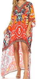 Sakkas Laisson Flowy Hi Low Caftan Rhinestone Boxy V Neck Dress Top Cover / Up#color_Orange/Blue