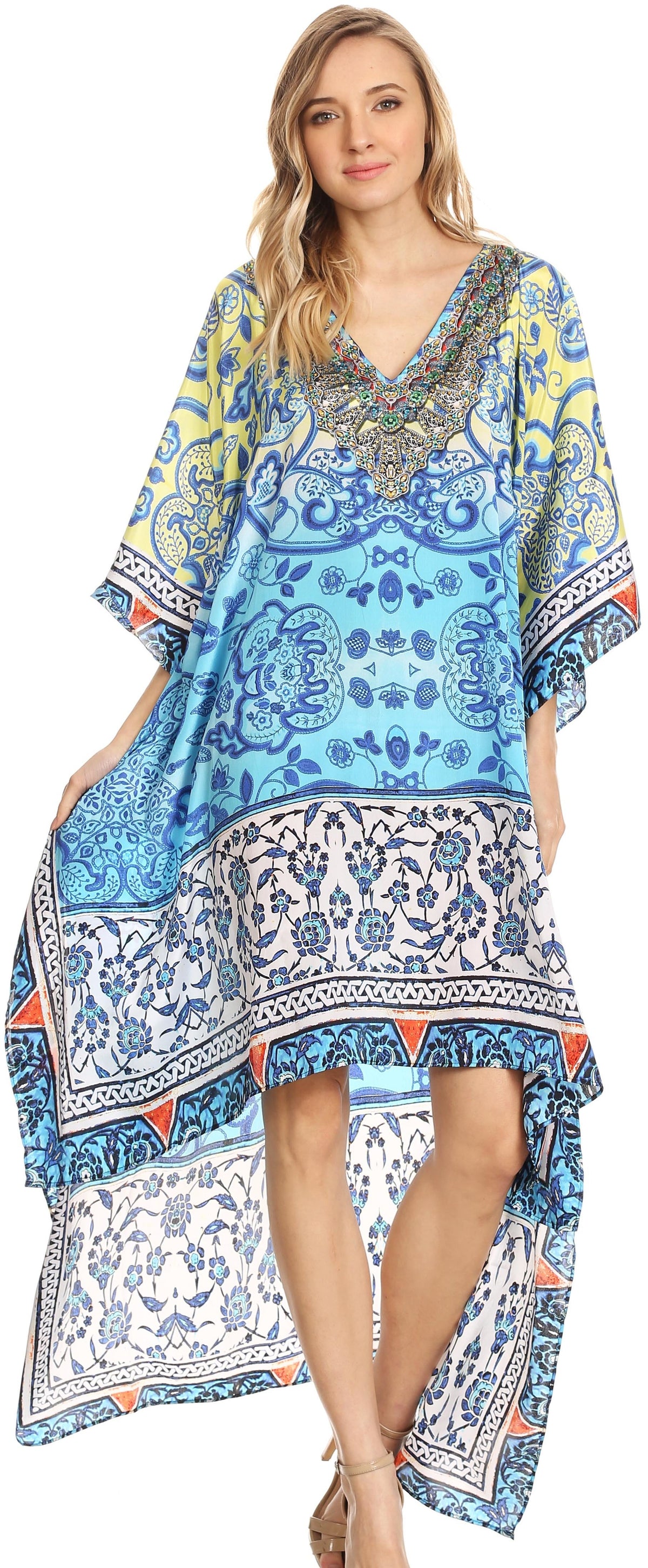 Sakkas Laisson Flowy Hi Low Caftan Rhinestone Boxy V Neck Sakkas Laisson Flowy Hi Low Caftan Rhinestone Boxy V Neck
