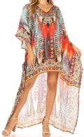 Sakkas Laisson Flowy Hi Low Caftan Rhinestone Boxy V Neck Dress Top Cover / Up#color_AM107-Multi