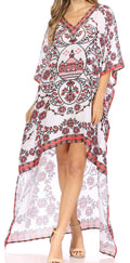 Sakkas Laisson Flowy Hi Low Caftan Rhinestone Boxy V Neck Dress Top Cover / Up#color_FOW20-White