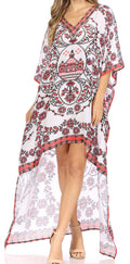 Sakkas Laisson Flowy Hi Low Caftan Rhinestone Boxy V Neck Dress Top Cover / Up#color_FOW20-White