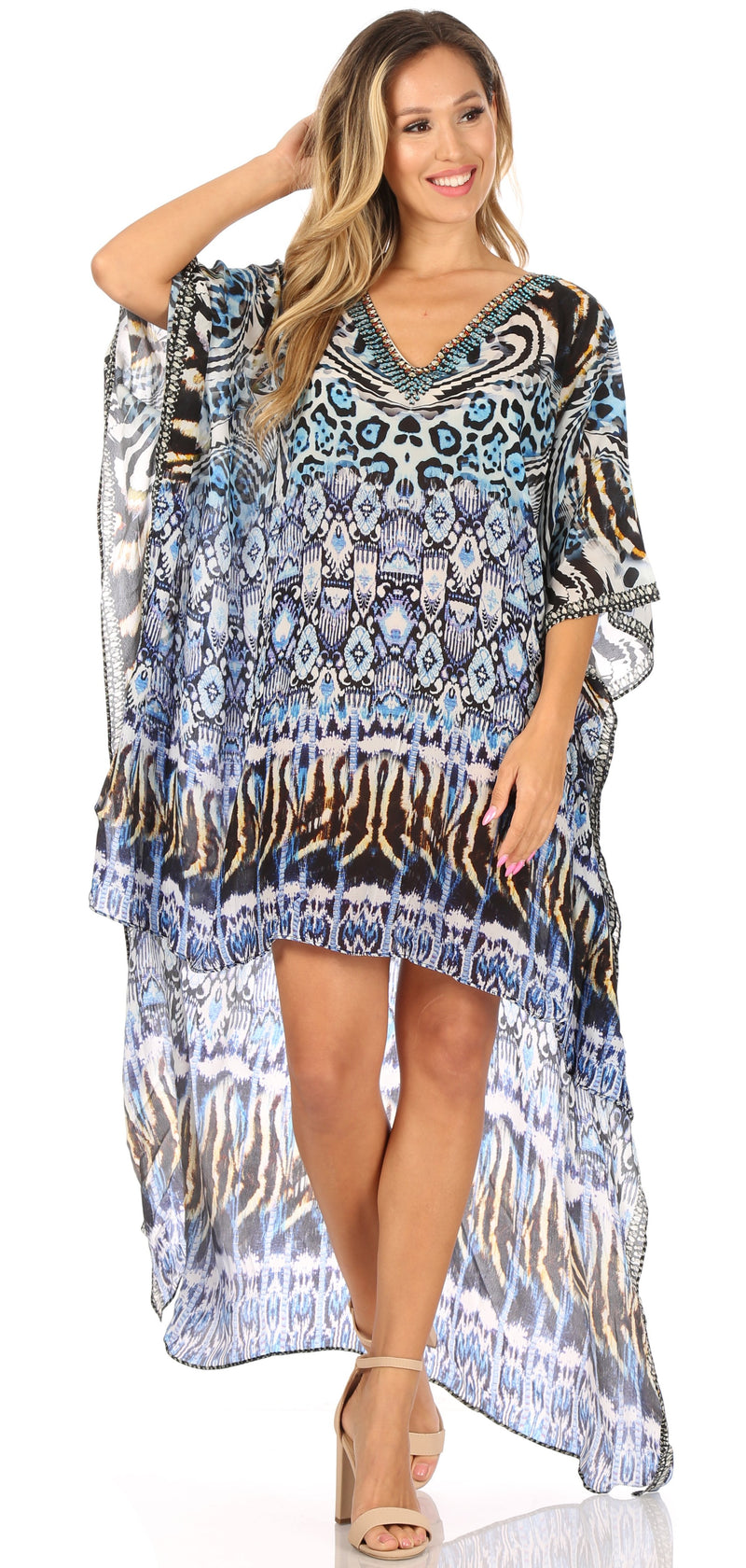 Sakkas Laisson Flowy Hi Low Caftan Rhinestone Boxy V Neck Dress Top Cover / Up