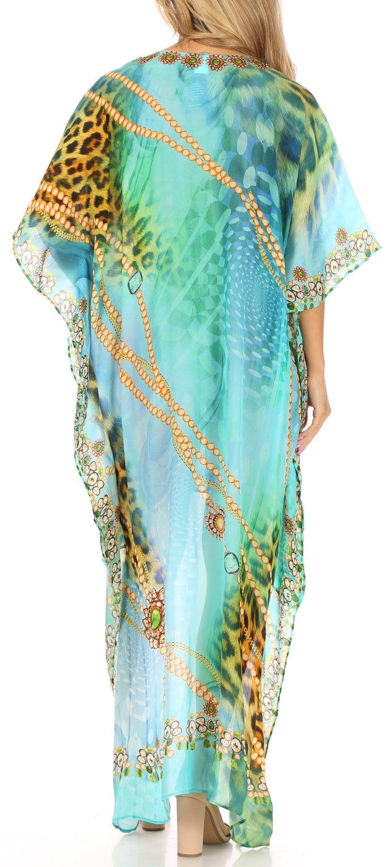 Sakkas Laisson Flowy Hi Low Caftan Rhinestone Boxy V Neck Dress Top Cover / Up