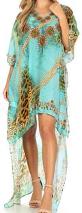 Sakkas Laisson Flowy Hi Low Caftan Rhinestone Boxy V Neck Dress Top Cover / Up#color_JT86-Turquoise