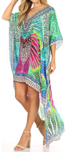 Sakkas Laisson Flowy Hi Low Caftan Rhinestone Boxy V Neck Dress Top Cover / Up