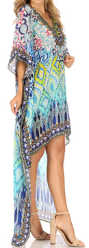 Sakkas Laisson Flowy Hi Low Caftan Rhinestone Boxy V Neck Dress Top Cover / Up
