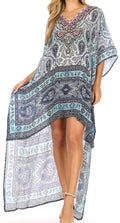 Sakkas Laisson Flowy Hi Low Caftan Rhinestone Boxy V Neck Dress Top Cover / Up#color_MW28-White