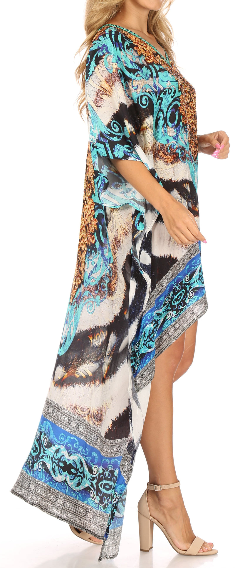 Sakkas Laisson Flowy Hi Low Caftan Rhinestone Boxy V Neck Dress Top Cover / Up