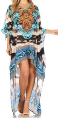 Sakkas Laisson Flowy Hi Low Caftan Rhinestone Boxy V Neck Dress Top Cover / Up#color_ORT38-Turquoise