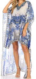 Sakkas Laisson Flowy Hi Low Caftan Rhinestone Boxy V Neck Dress Top Cover / Up#color_SB51-Turquoise