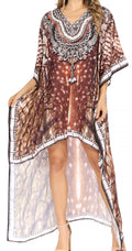 Sakkas Laisson Flowy Hi Low Caftan Rhinestone Boxy V Neck Dress Top Cover / Up#color_SBR123-Brown