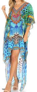 Sakkas Laisson Flowy Hi Low Caftan Rhinestone Boxy V Neck Dress Top Cover / Up#color_ST37-Turquoise