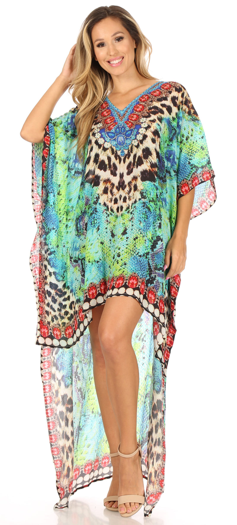 Sakkas Laisson Flowy Hi Low Caftan Rhinestone Boxy V Neck Dress Top Cover / Up