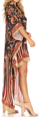 Sakkas Laisson Flowy Hi Low Caftan Rhinestone Boxy V Neck Dress Top Cover / Up