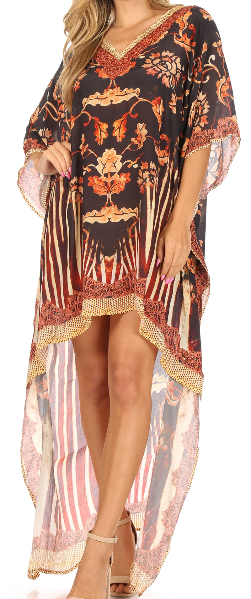 Sakkas Laisson Flowy Hi Low Caftan Rhinestone Boxy V Neck Dress Top Cover / Up