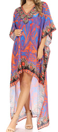 Sakkas Laisson Flowy Hi Low Caftan Rhinestone Boxy V Neck Dress Top Cover / Up#color_TRM94-Multi