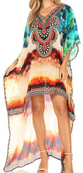 Sakkas Laisson Flowy Hi Low Caftan Rhinestone Boxy V Neck Dress Top Cover / Up#color_WM105-Multi