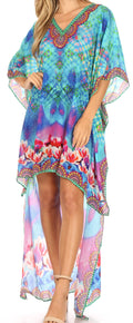 Sakkas Laisson Flowy Hi Low Caftan Rhinestone Boxy V Neck Dress Top Cover / Up#color_WT39-Turquoise