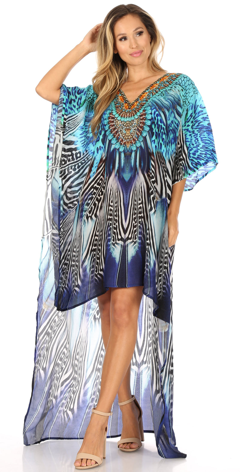 Sakkas Laisson Flowy Hi Low Caftan Rhinestone Boxy V Neck Dress Top Cover / Up