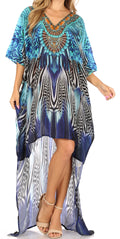 Sakkas Laisson Flowy Hi Low Caftan Rhinestone Boxy V Neck Dress Top Cover / Up#color_ZB55-Blue