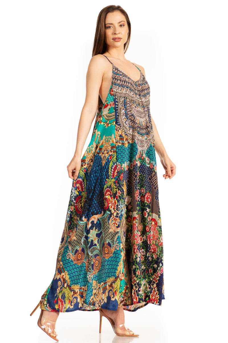 Sakkas Sofia Women's Spaghetti Strap V-neck Floral Print Summer Casual Maxi Dress