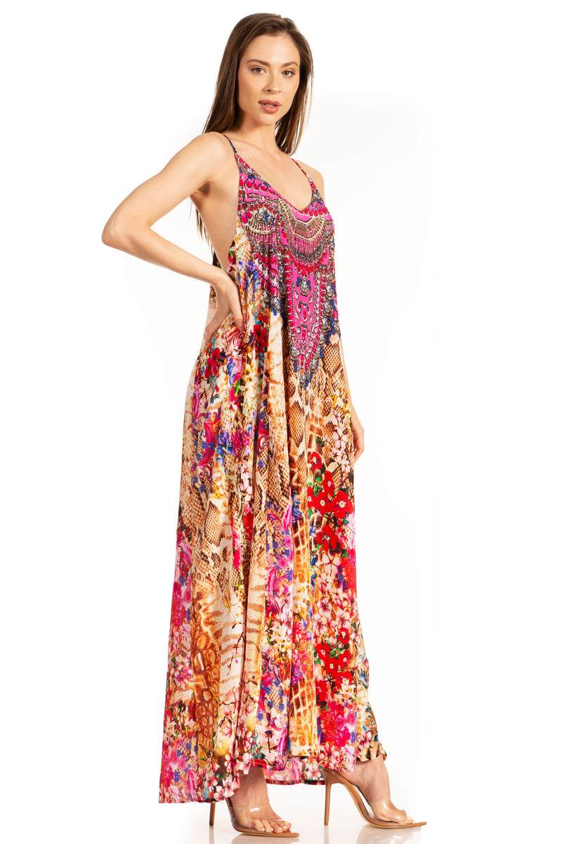 Sakkas Sofia Women's Spaghetti Strap V-neck Floral Print Summer Casual Maxi Dress