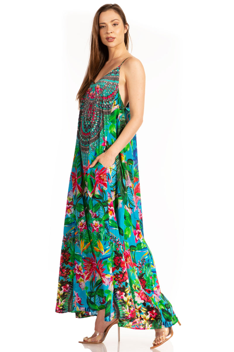 Sakkas Sofia Women's Spaghetti Strap V-neck Floral Print Summer Casual Maxi Dress