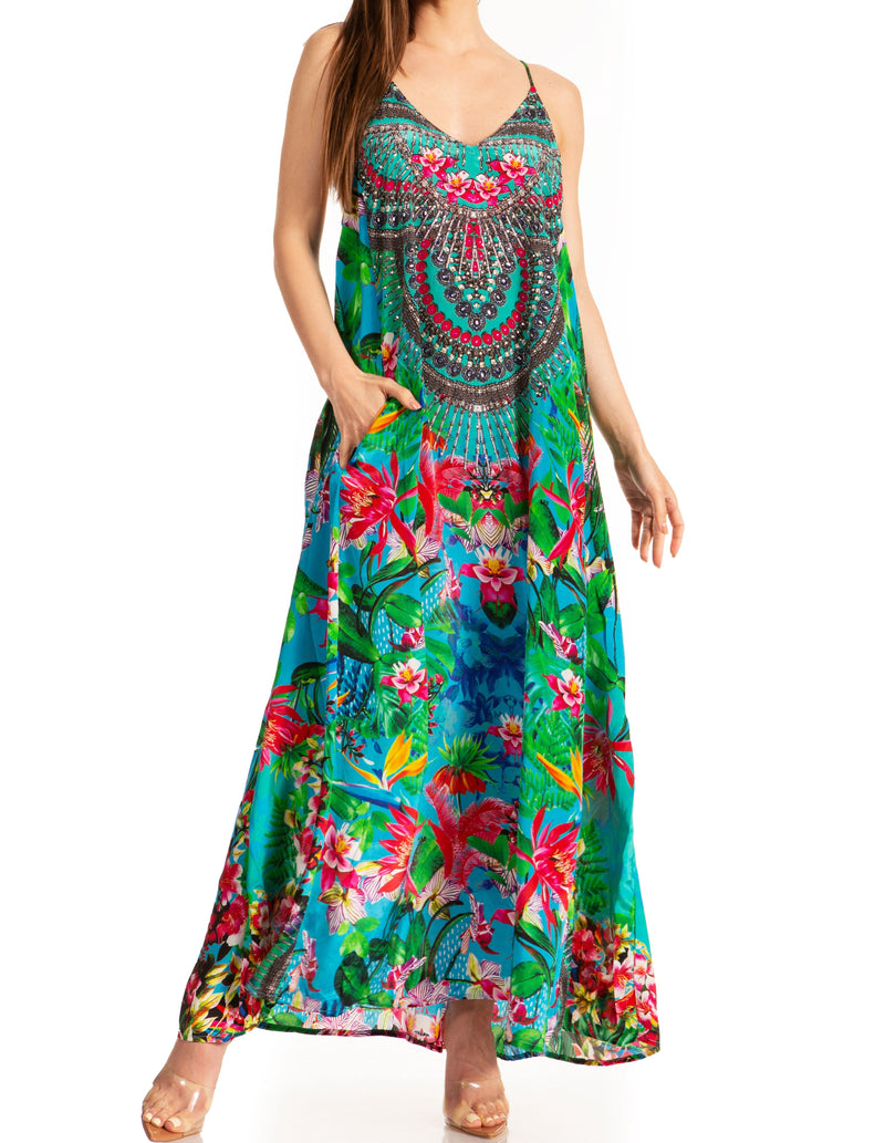 Sakkas Sofia Women's Spaghetti Strap V-neck Floral Print Summer Casual Maxi Dress