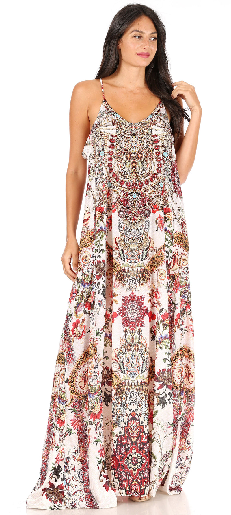 Sakkas Sofia Women's Spaghetti Strap V-neck Floral Print Summer Casual Maxi Dress