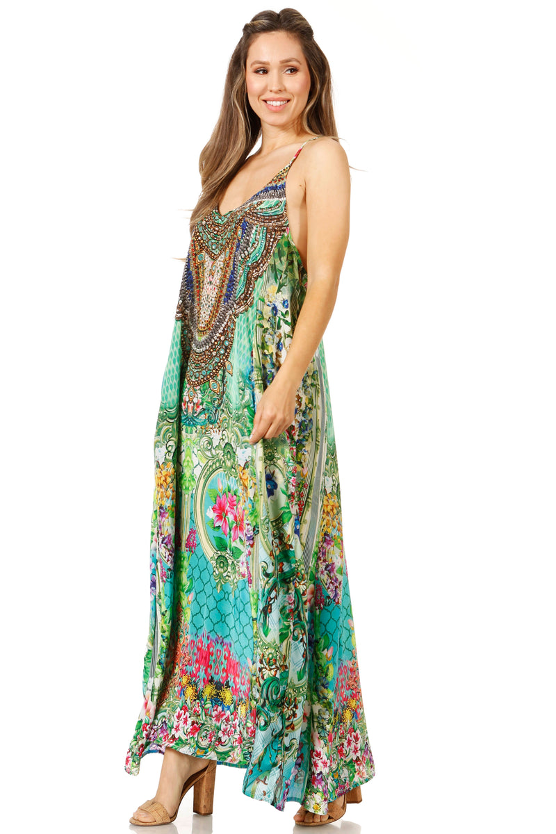 Sakkas Sofia Women's Spaghetti Strap V-neck Floral Print Summer Casual Maxi Dress