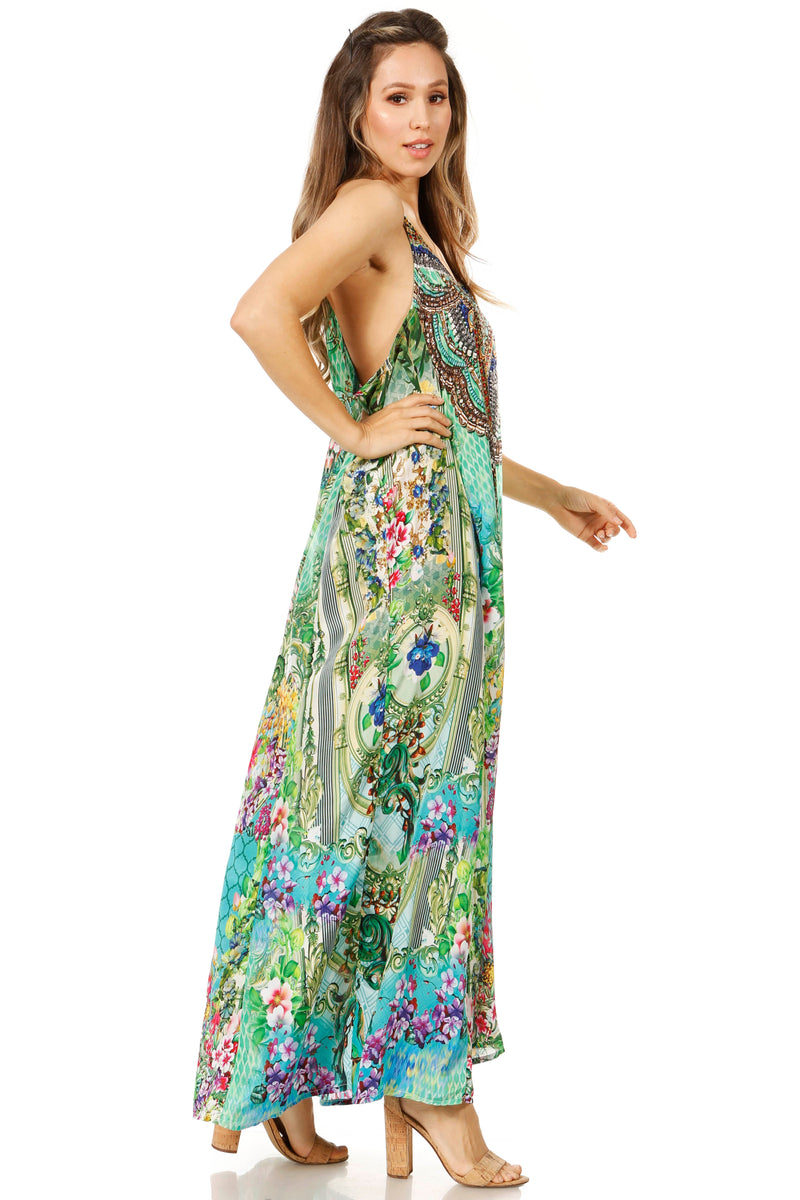 Sakkas Sofia Women's Spaghetti Strap V-neck Floral Print Summer Casual Maxi Dress