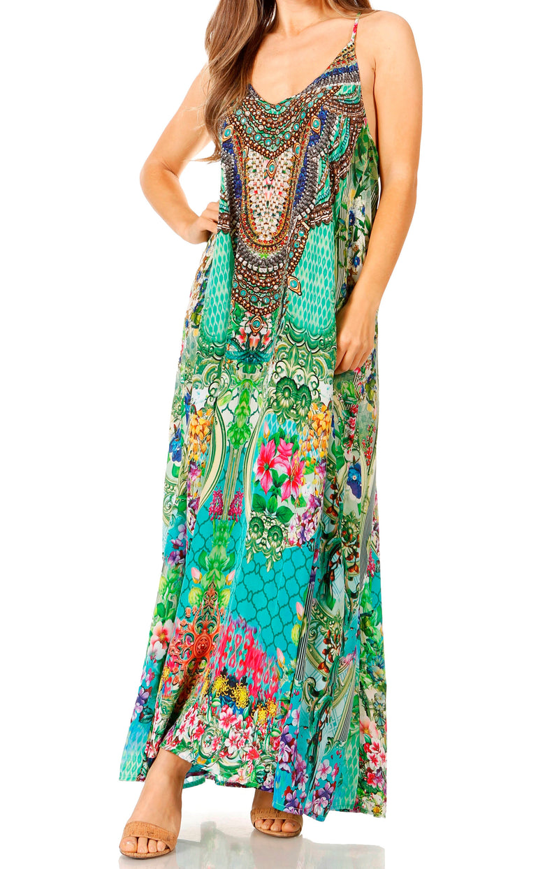 Sakkas Sofia Women's Spaghetti Strap V-neck Floral Print Summer Casual Maxi Dress