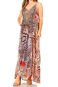 Sakkas Sofia Women's Spaghetti Strap V-neck Floral Print Summer Casual Maxi Dress#color_422