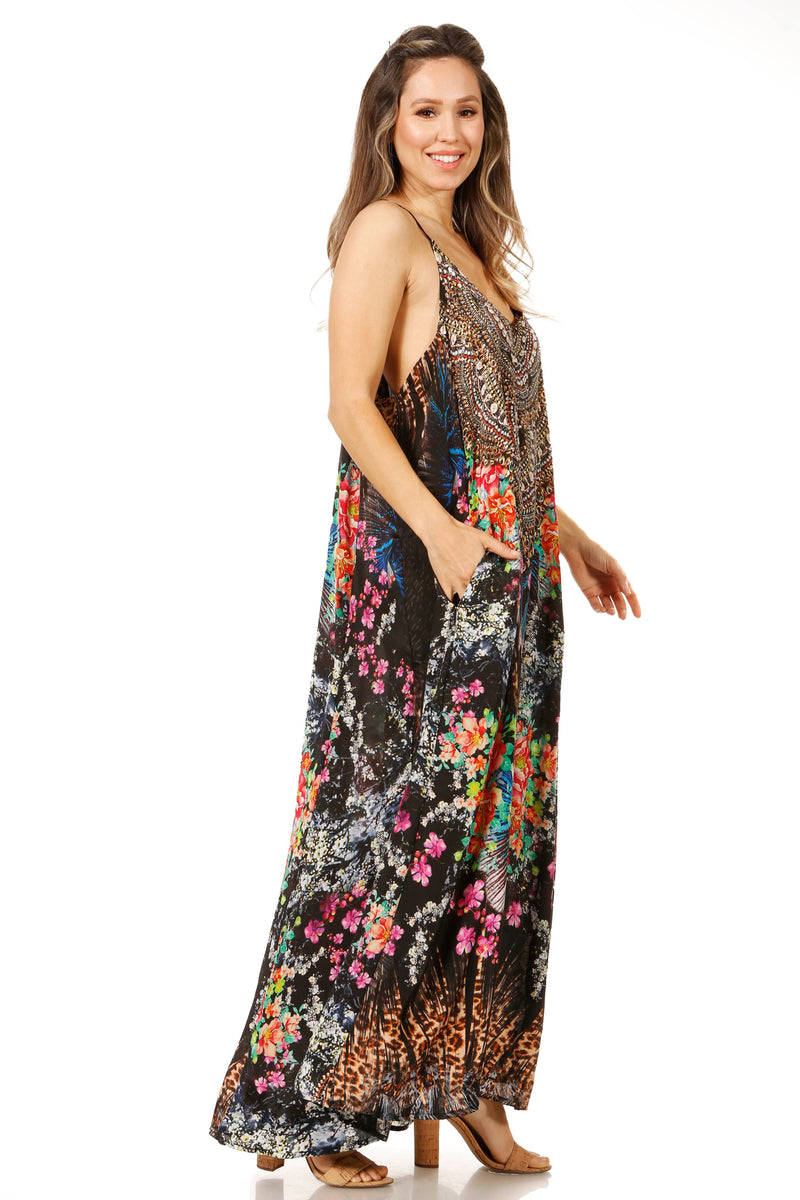 Sakkas Sofia Women's Spaghetti Strap V-neck Floral Print Summer Casual Maxi Dress