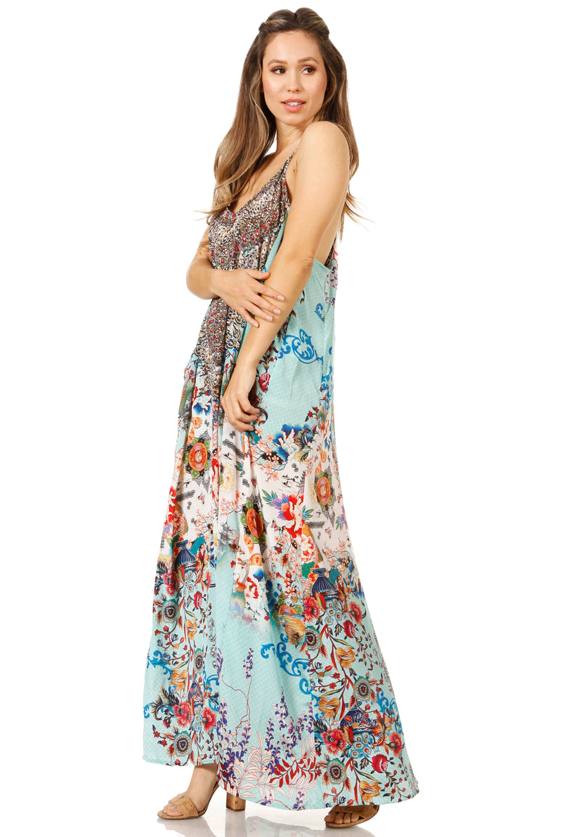 Sakkas Sofia Women's Spaghetti Strap V-neck Floral Print Summer Casual Maxi Dress