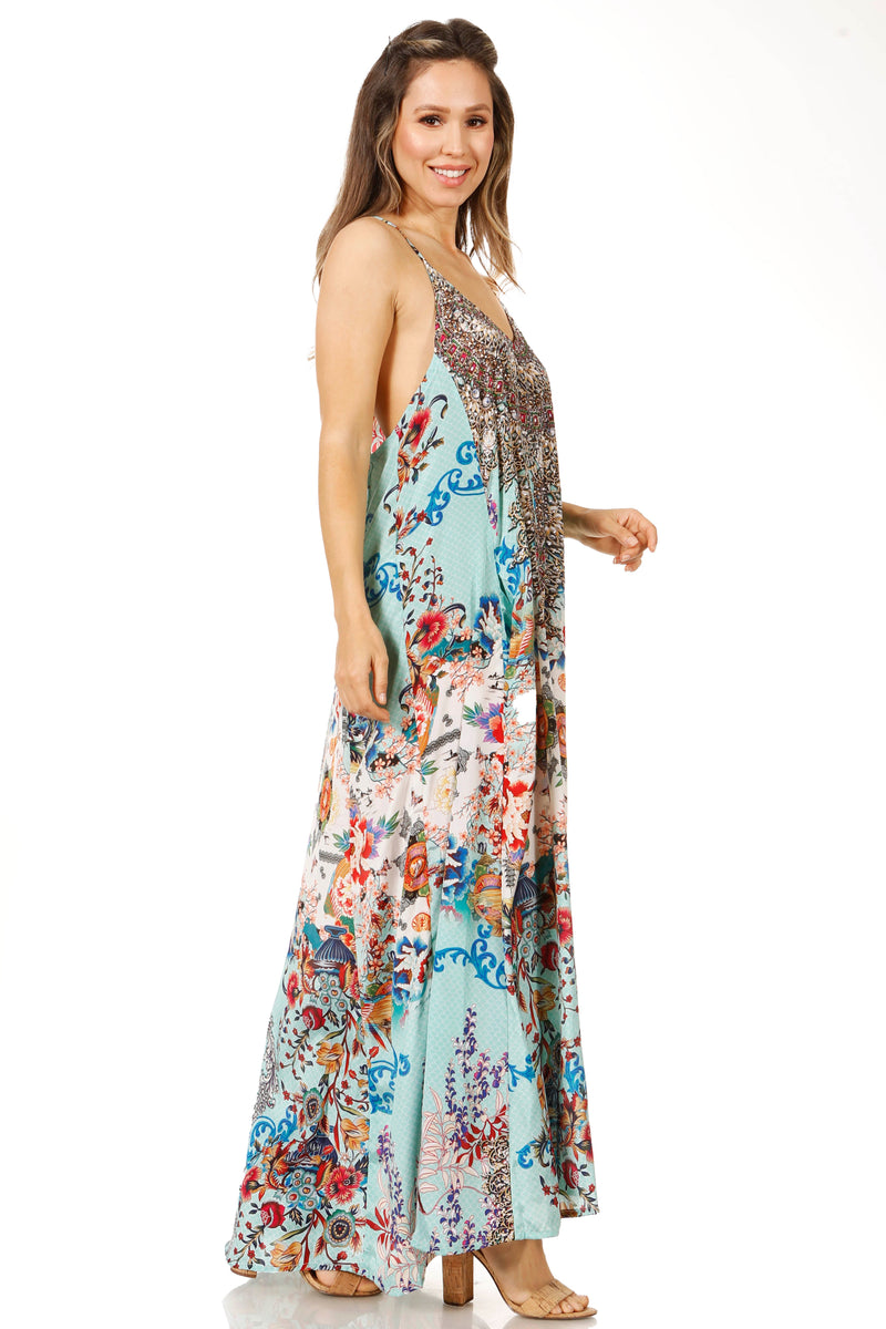 Sakkas Sofia Women's Spaghetti Strap V-neck Floral Print Summer Casual Maxi Dress