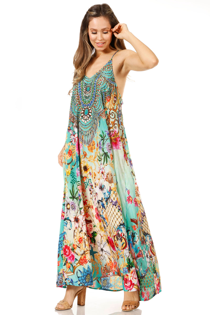 Sakkas Sofia Women's Spaghetti Strap V-neck Floral Print Summer Casual Maxi Dress