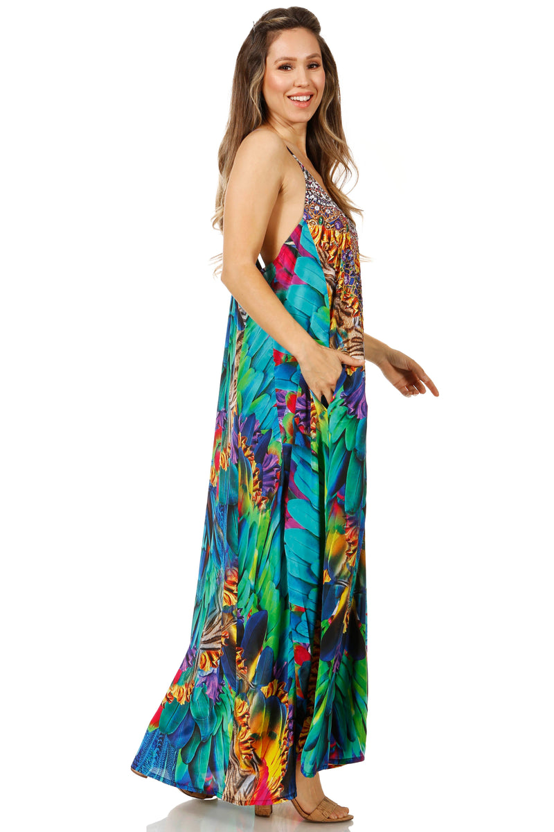 Sakkas Sofia Women's Spaghetti Strap V-neck Floral Print Summer Casual Maxi Dress