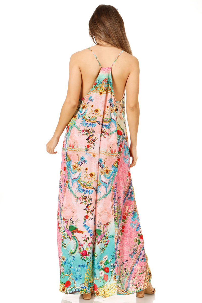 Sakkas Sofia Women's Spaghetti Strap V-neck Floral Print Summer Casual Maxi Dress