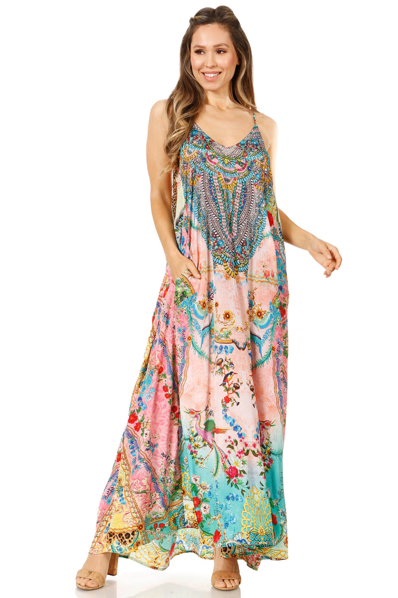 Sakkas Sofia Women's Spaghetti Strap V-neck Floral Print Summer Casual Maxi Dress