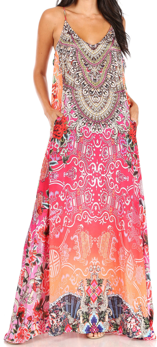 Sakkas Sofia Women's Spaghetti Strap V-neck Floral Print Summer Casual Maxi Dress#color_ORM369-Multi