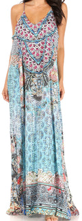 Sakkas Sofia Women's Spaghetti Strap V-neck Floral Print Summer Casual Maxi Dress#color_TTU370-Turquoise