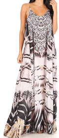 Sakkas Sofia Women's Spaghetti Strap V-neck Floral Print Summer Casual Maxi Dress#color_ZW371-White