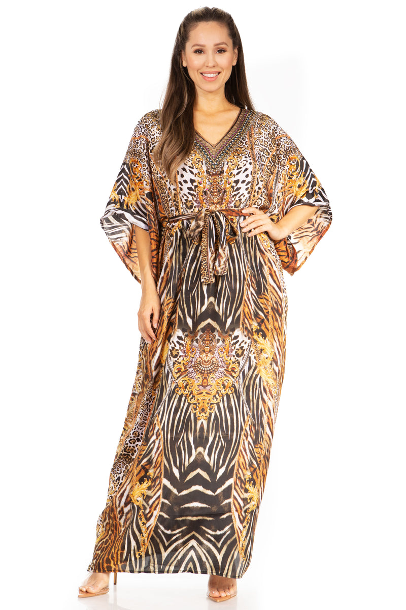 Sakkas Maribel Women's Maxi Caftan Dress Short Sleeves V Neck Long Loose Casual