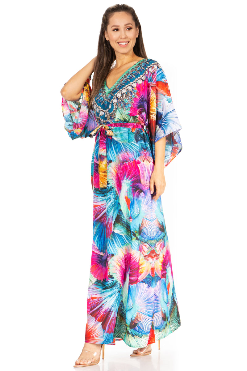 Sakkas Maribel Women's Maxi Caftan Dress Short Sleeves V Neck Long Loose Casual