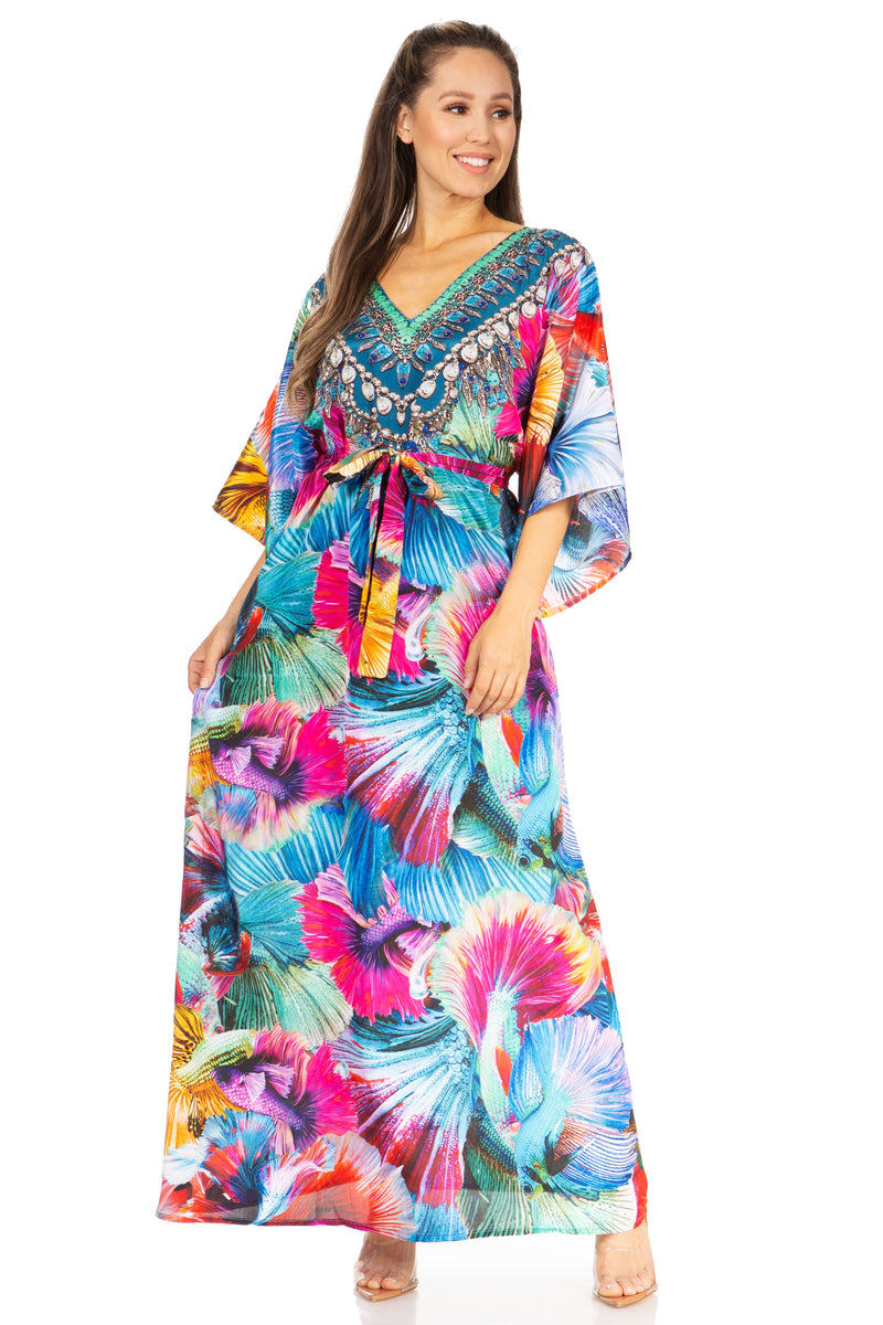 Sakkas Maribel Women's Maxi Caftan Dress Short Sleeves V Neck Long Loose Casual