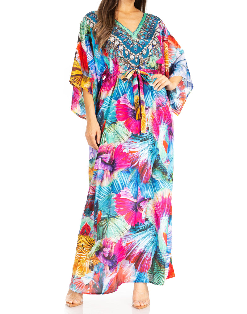 Sakkas Maribel Women's Maxi Caftan Dress Short Sleeves V Neck Long Loose Casual