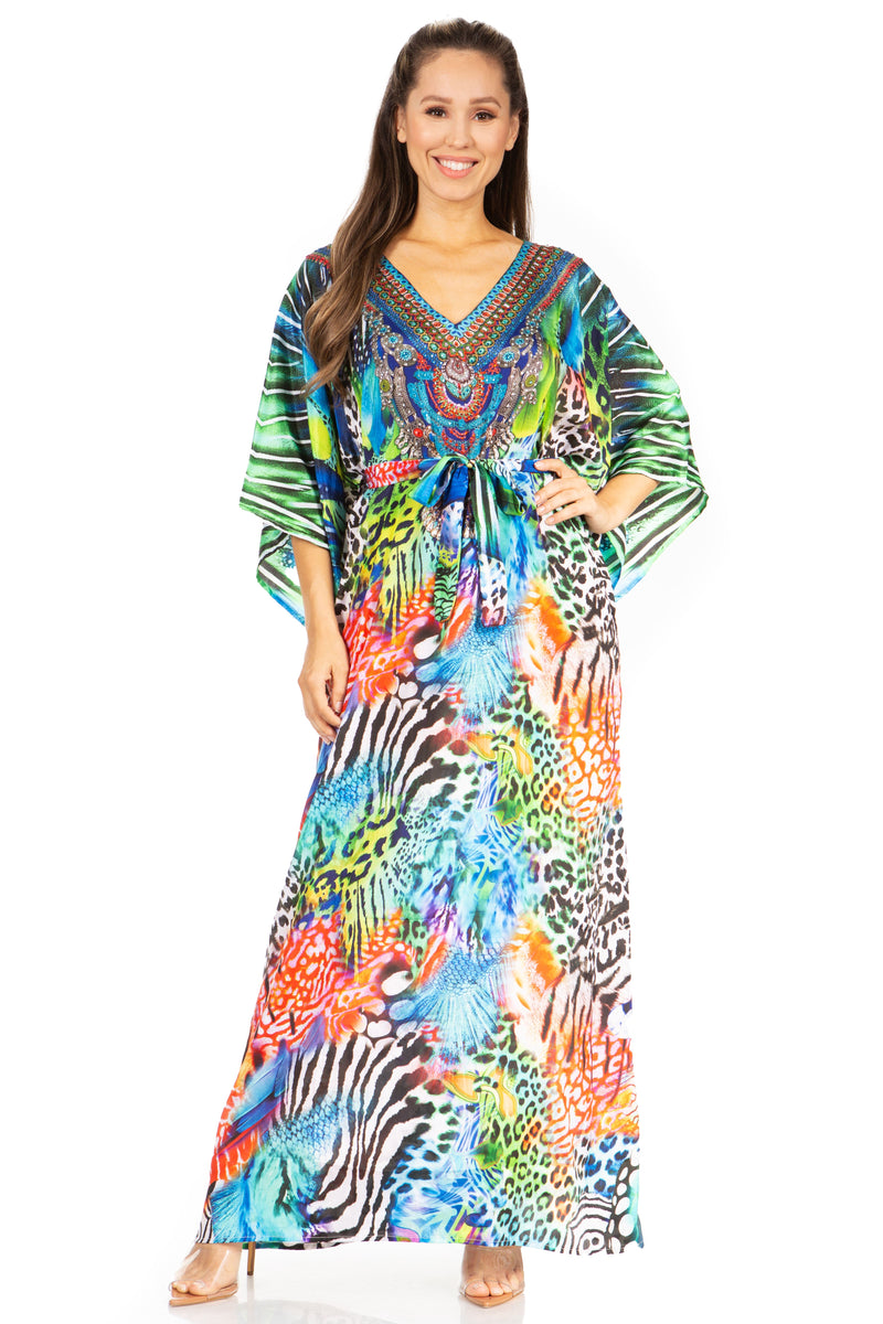 Sakkas Maribel Women's Maxi Caftan Dress Short Sleeves V Neck Long Loose Casual